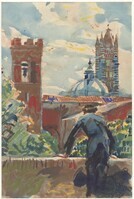 KT 2016 056
<br/>
Gezicht op Siena met Martin Monnickendam leunend op een muurtje, 1932
<br/>
<em>Monnickendam, Martin (1874 - 1943)</em>